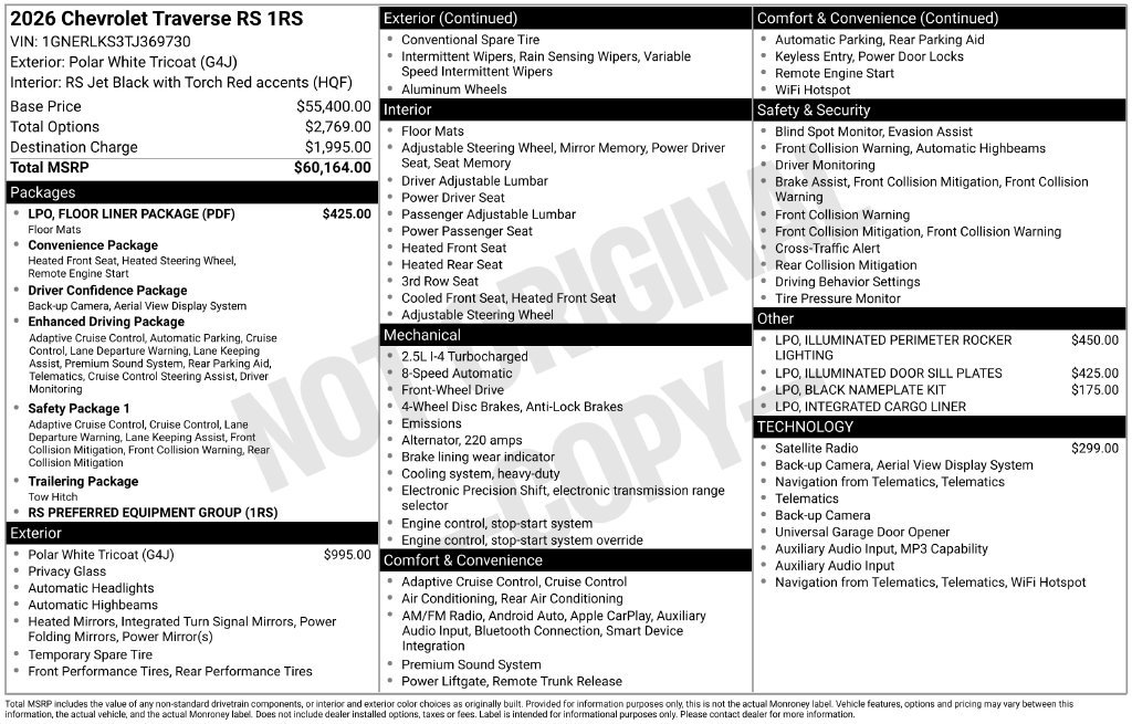 New 2026 Chevrolet Traverse RS w/ LPO, Floor Liner Package FWD image 36