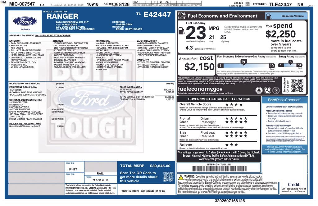 New 2026 Ford Ranger XLT w/ Equipment Group 301A High RWD image 2