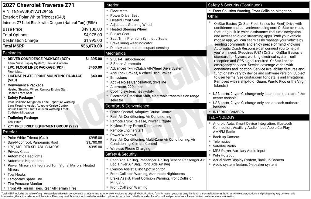 New 2027 Chevrolet Traverse Z71 w/ Driver Confidence Package AWD/4WD image 8