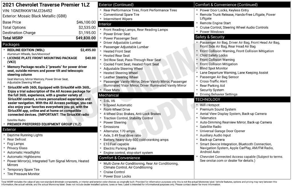 Used 2021 Chevrolet Traverse Premier w/ Redline Edition FWD image 38