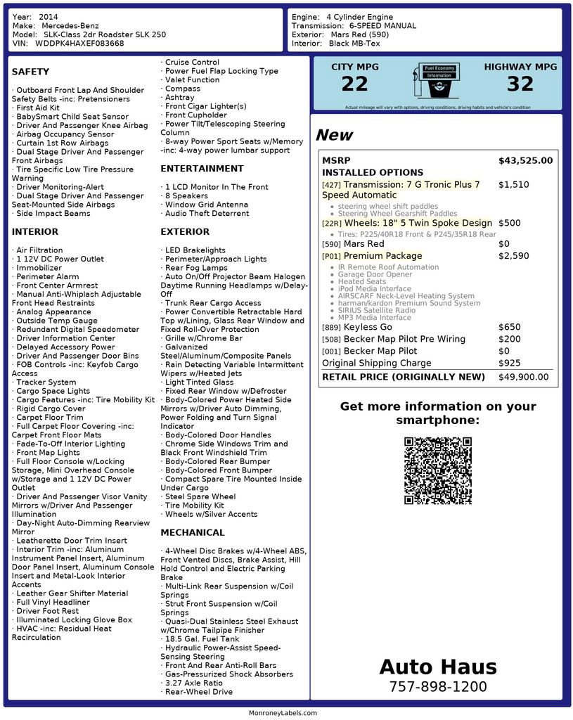 Used 2014 Mercedes-Benz SLK 250 w/ Premium Package image 1