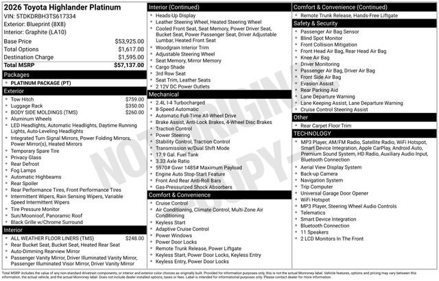 New 2026 Toyota Highlander Platinum AWD/4WD image 1