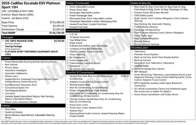 New 2026 Cadillac Escalade ESV Platinum Sport w/ LPO, ONYX Package