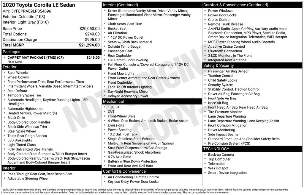 Certified 2020 Toyota Corolla LE w/ Carpet Mat Package (TMS) FWD image 56