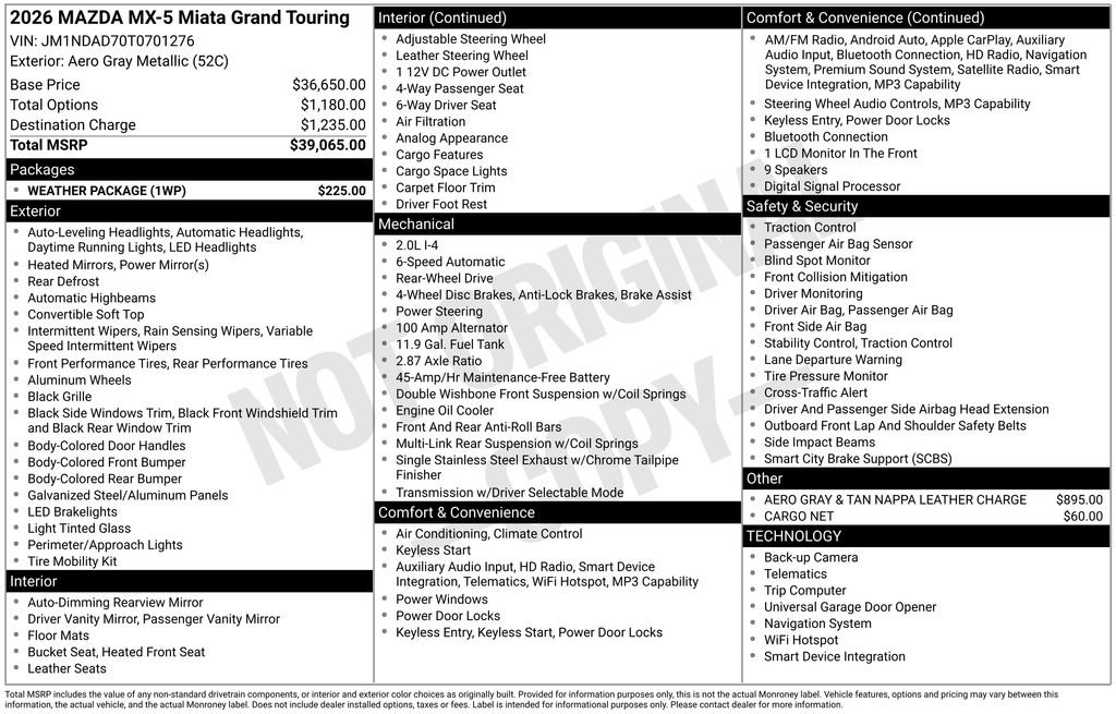 New 2026 MAZDA MX-5 Miata Grand Touring w/ Weather Package RWD image 2