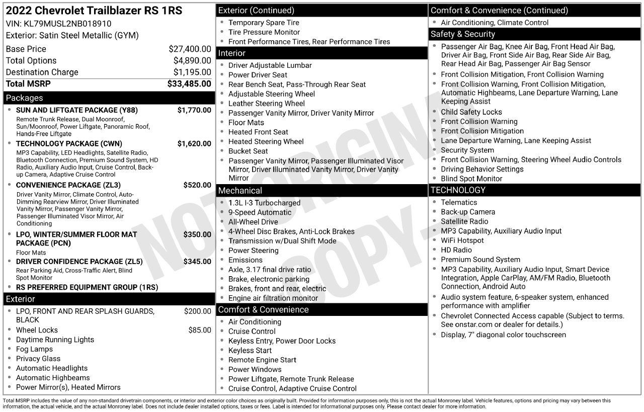 Used 2022 Chevrolet TrailBlazer RS w/ Sun and Liftgate Package AWD/4WD image 5