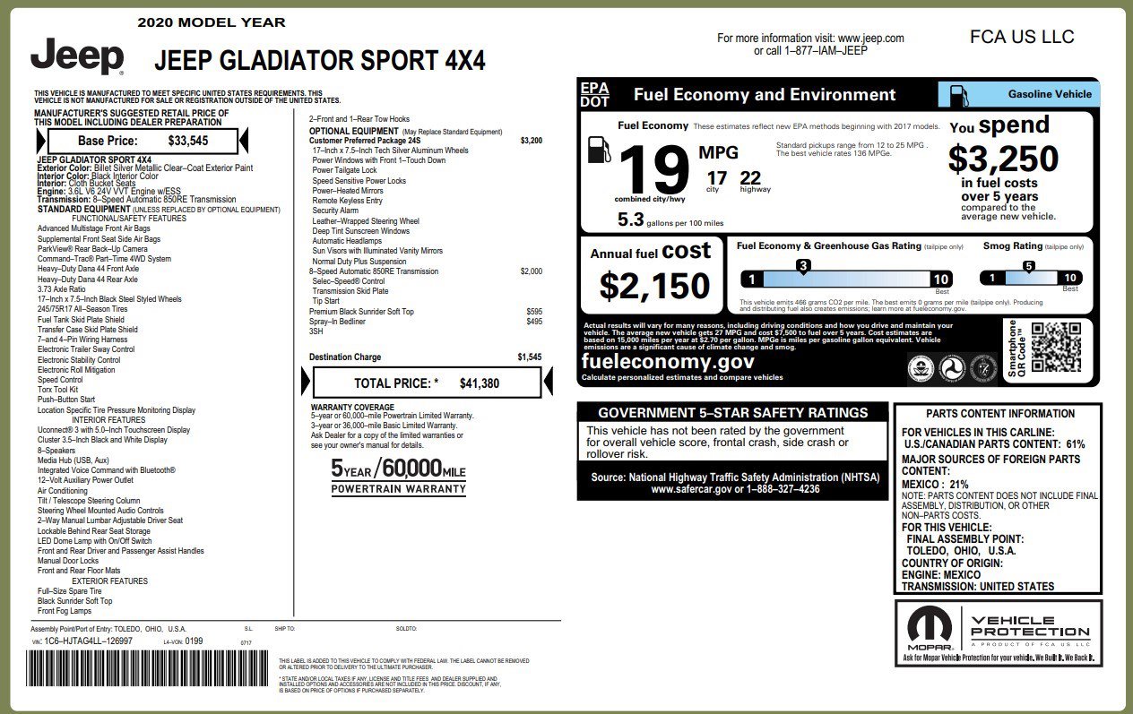 Used 2020 Jeep Gladiator Sport w/ Quick Order Package 24S image 4