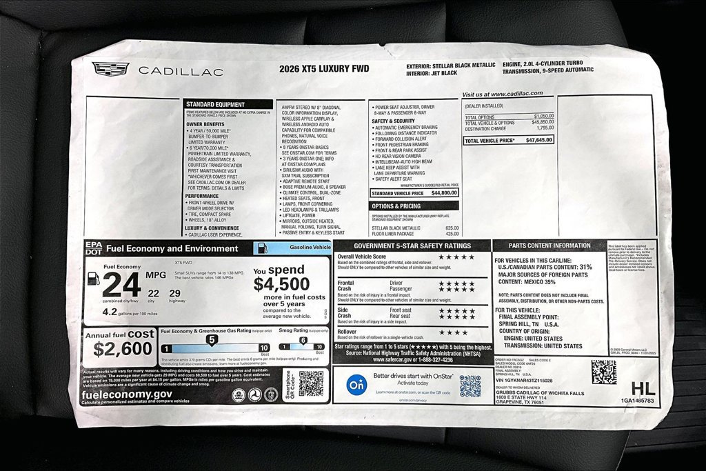 New 2026 Cadillac XT5 Luxury w/ LPO, Floor Liner Package FWD image 33