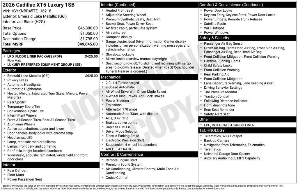 New 2026 Cadillac XT5 Luxury w/ LPO, Floor Liner Package AWD/4WD image 4