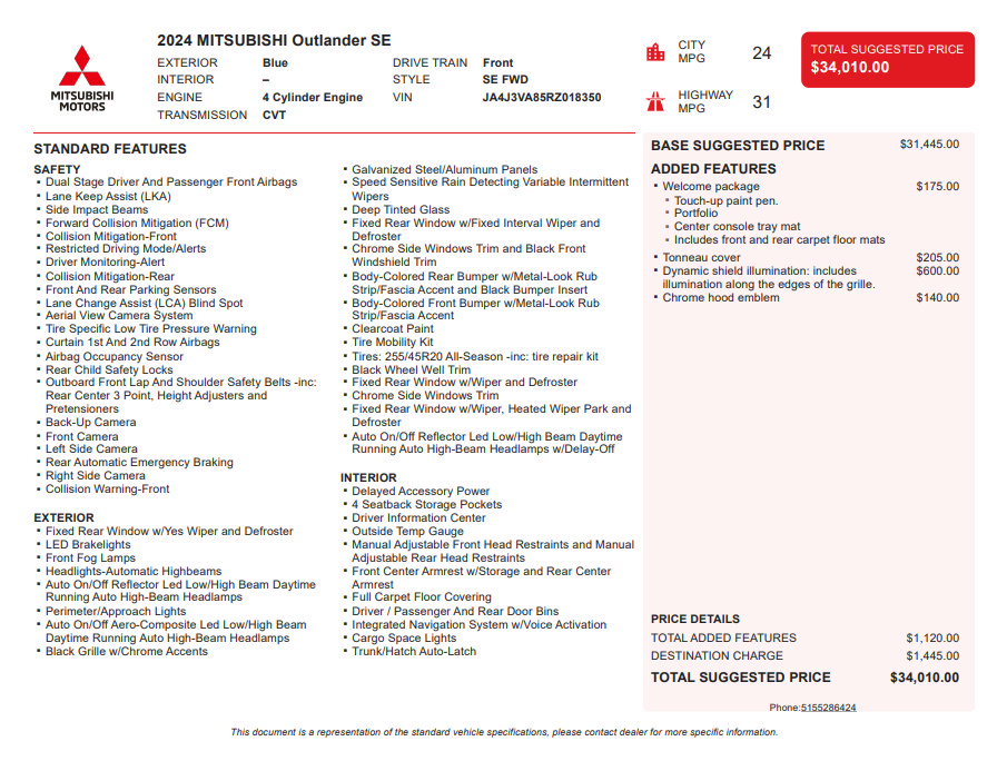 Used 2024 Mitsubishi Outlander SE FWD image 3