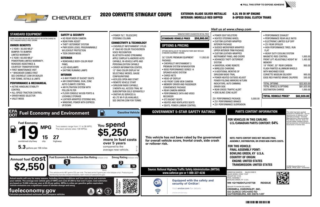 Used 2020 Chevrolet Corvette Stingray Premium Cpe w/ 3LT Preferred Equipment Group image 3