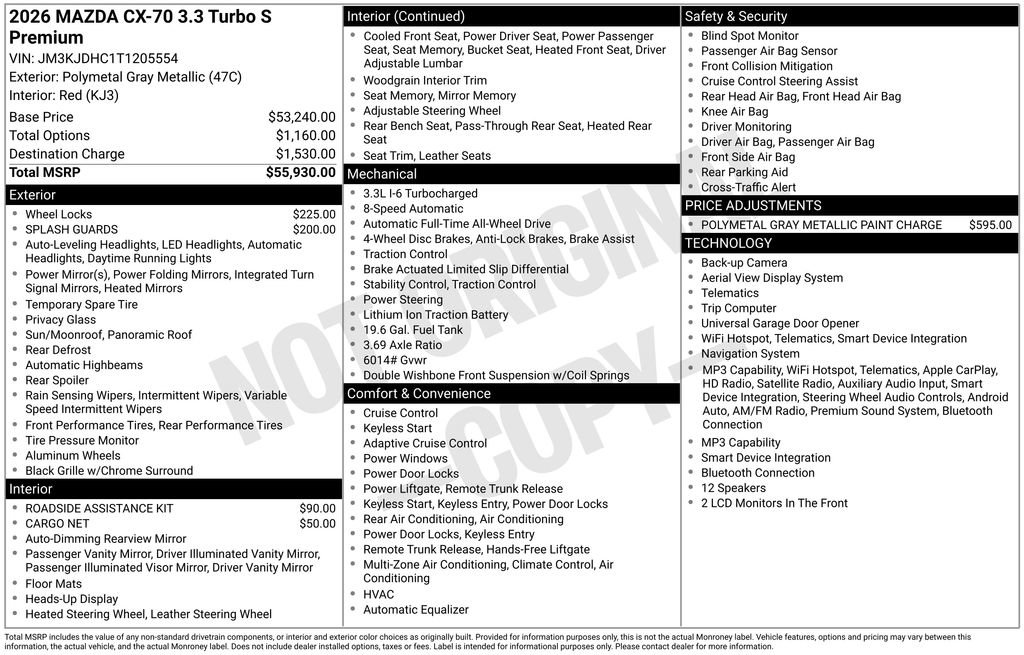 New 2026 MAZDA CX-70 3.3 Turbo S w/ Premium Package AWD/4WD image 31
