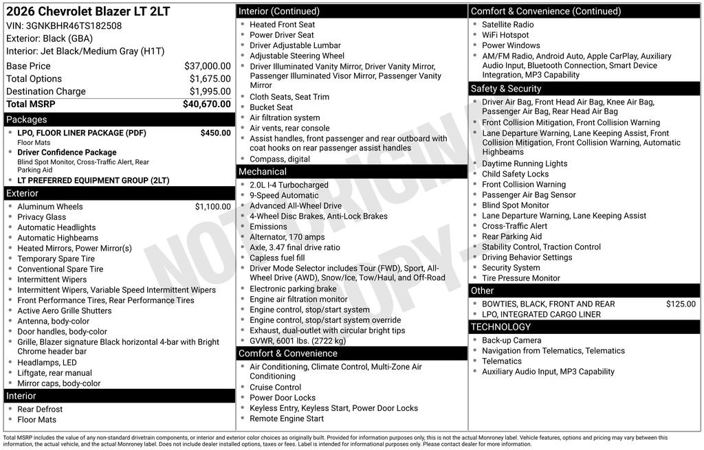New 2026 Chevrolet Blazer LT w/ LPO, Floor Liner Package AWD/4WD image 6