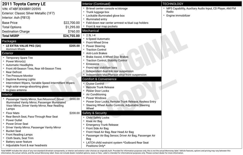 Used 2011 Toyota Camry LE w/ LE Extra-Value Pkg FWD image 3