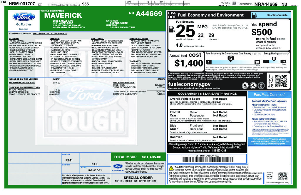 Certified 2022 Ford Maverick Lariat w/ Equipment Group 500A Standard AWD/4WD image 2