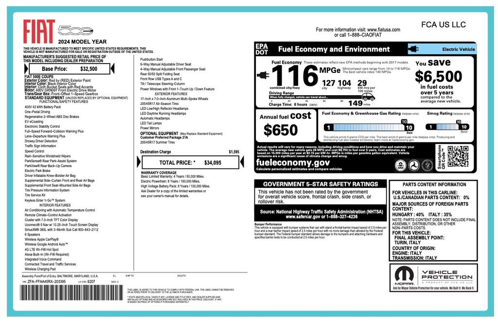 Used 2024 FIAT 500 e (RED) FWD image 2