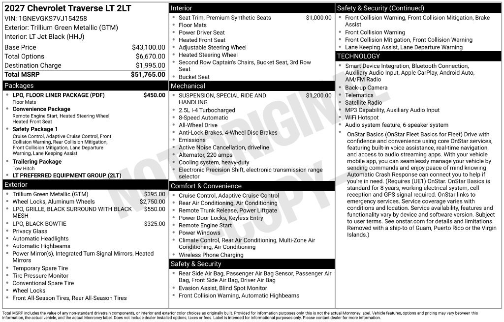 New 2027 Chevrolet Traverse LT w/ LPO, Floor Liner Package AWD/4WD image 3