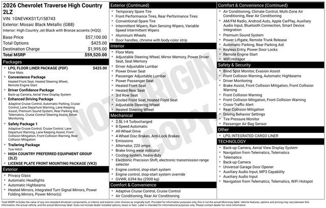 New 2026 Chevrolet Traverse High Country w/ LPO, Floor Liner Package AWD/4WD image 16