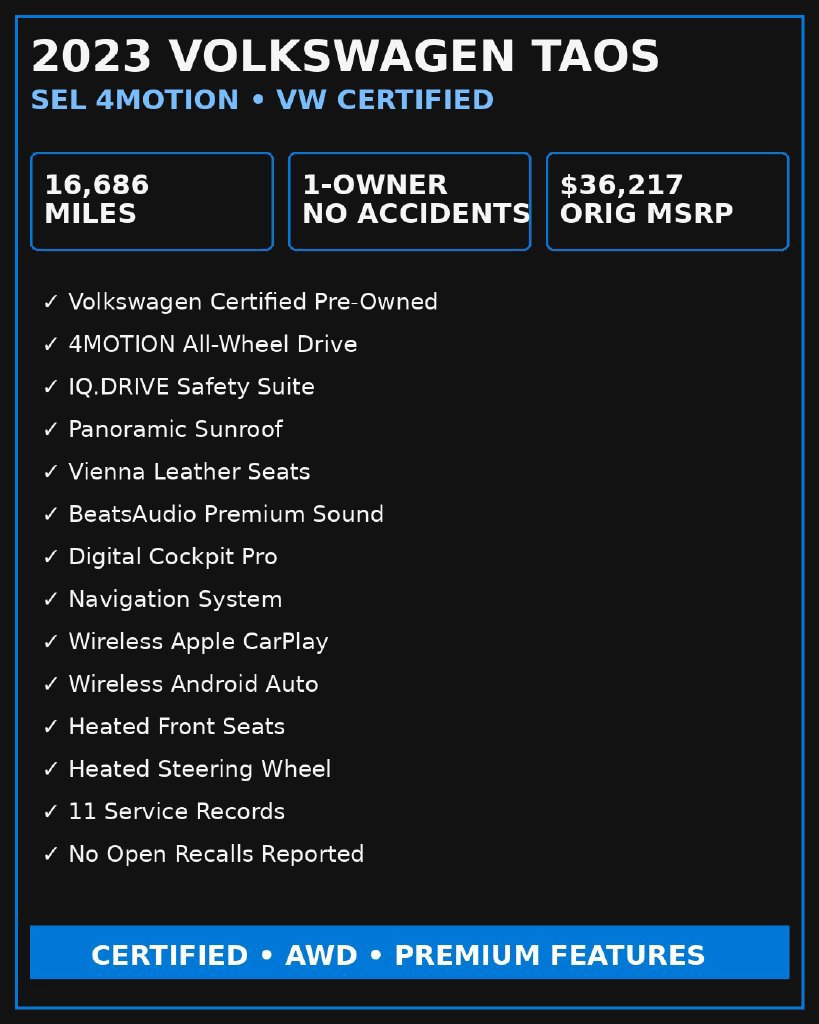 Certified 2023 Volkswagen Taos SEL AWD/4WD image 2