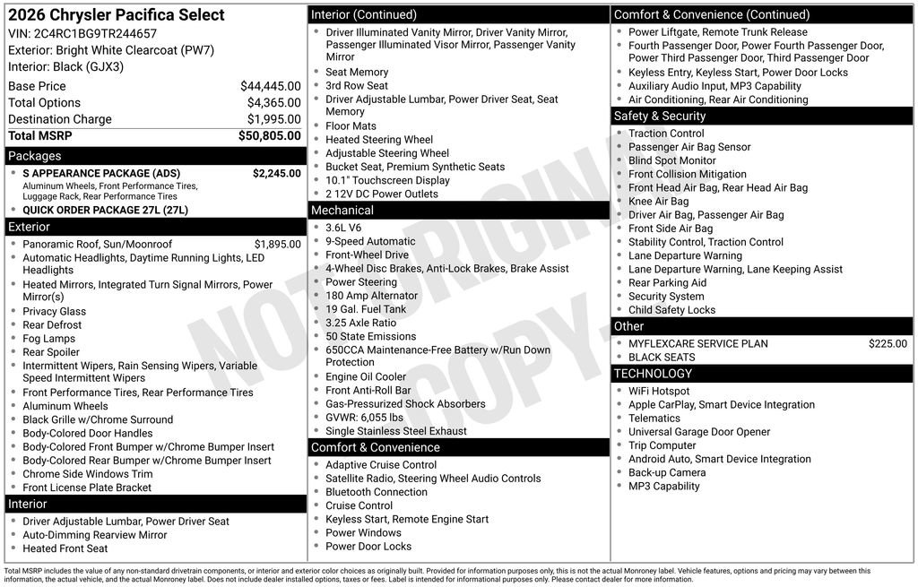 New 2026 Chrysler Pacifica Select w/ S Appearance Package FWD image 7