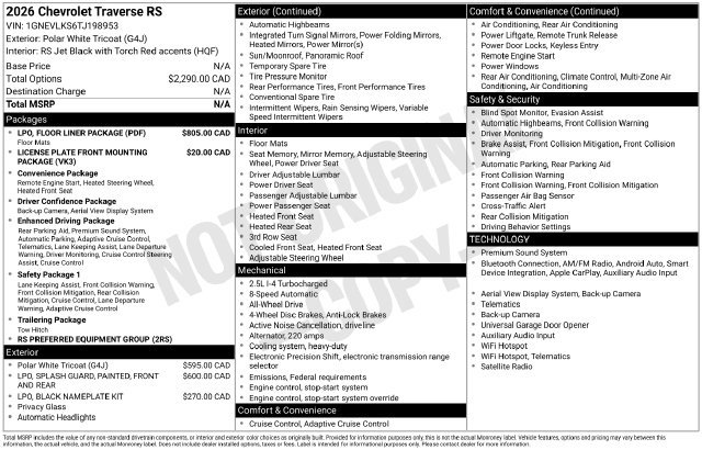 Used 2026 Chevrolet Traverse RS w/ LPO, Floor Liner Package AWD/4WD image 7