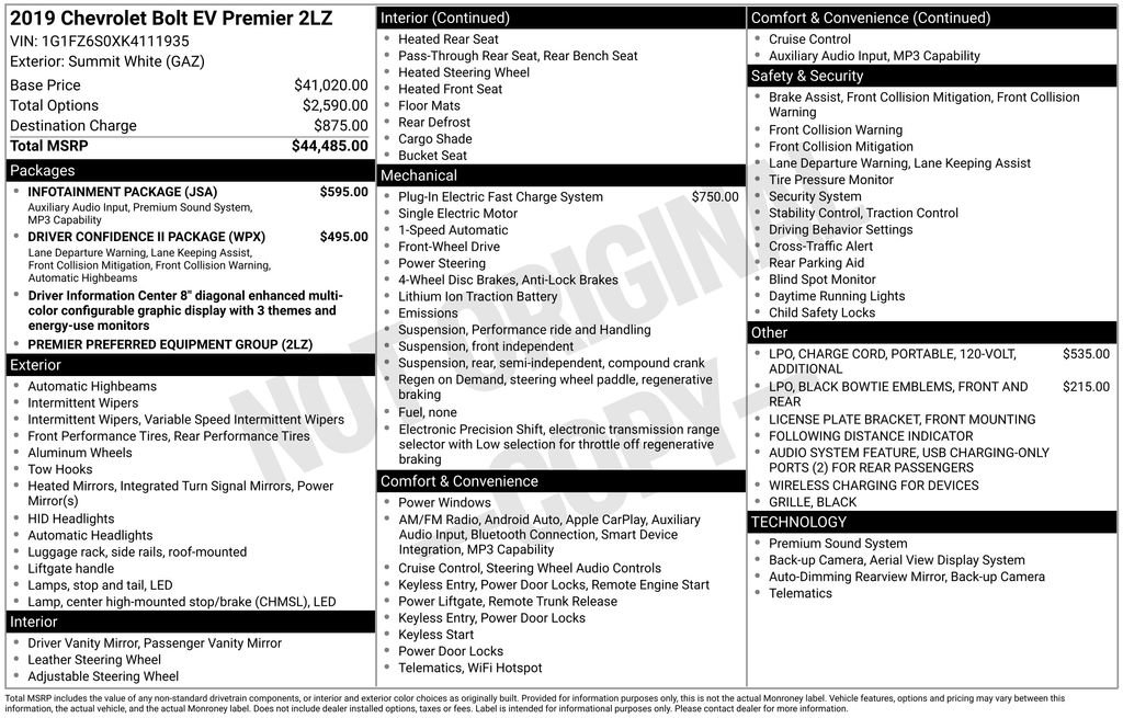 Used 2019 Chevrolet Bolt Premier w/ Infotainment Package FWD image 4