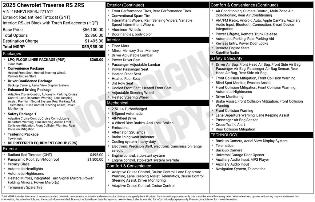 New 2025 Chevrolet Traverse RS w/ LPO, Floor Liner Package AWD/4WD image 4