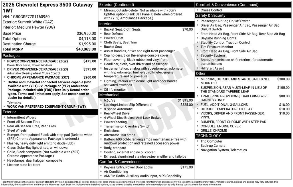 New 2025 Chevrolet Express 3500 w/ Power Convenience Package RWD image 1