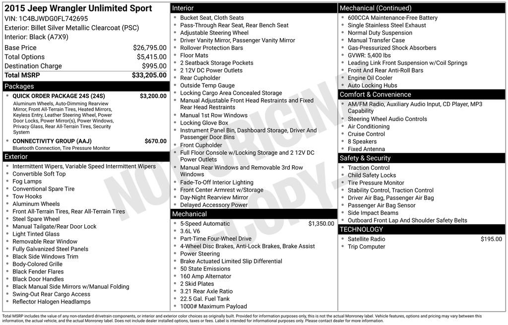 Used 2015 Jeep Wrangler Unlimited Sport w/ Quick Order Package 24S AWD/4WD image 5