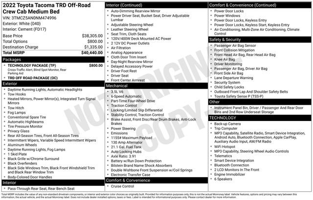 Used 2022 Toyota Tacoma TRD Off-Road w/ Technology Package AWD/4WD image 34