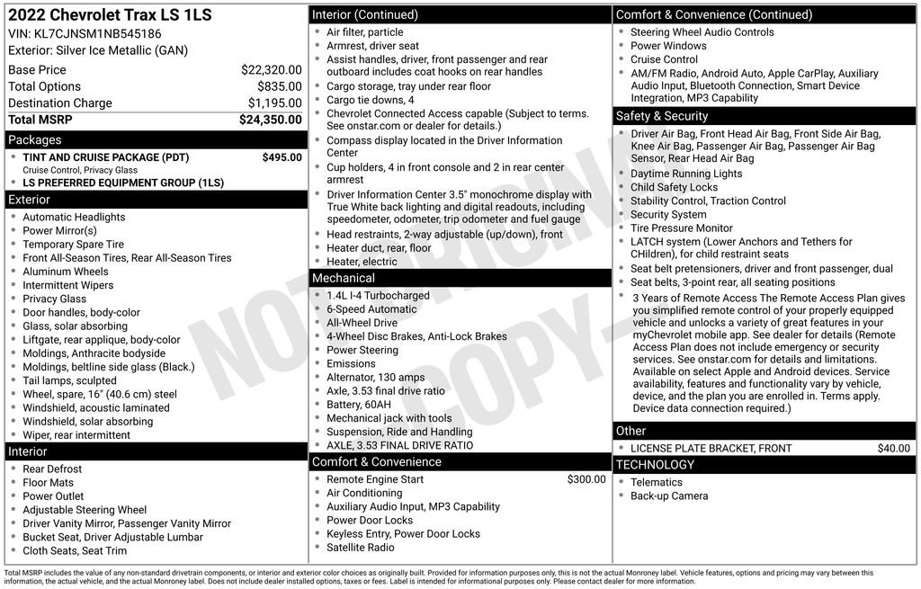 Used 2022 Chevrolet Trax LS w/ Tint and Cruise Package AWD/4WD image 1