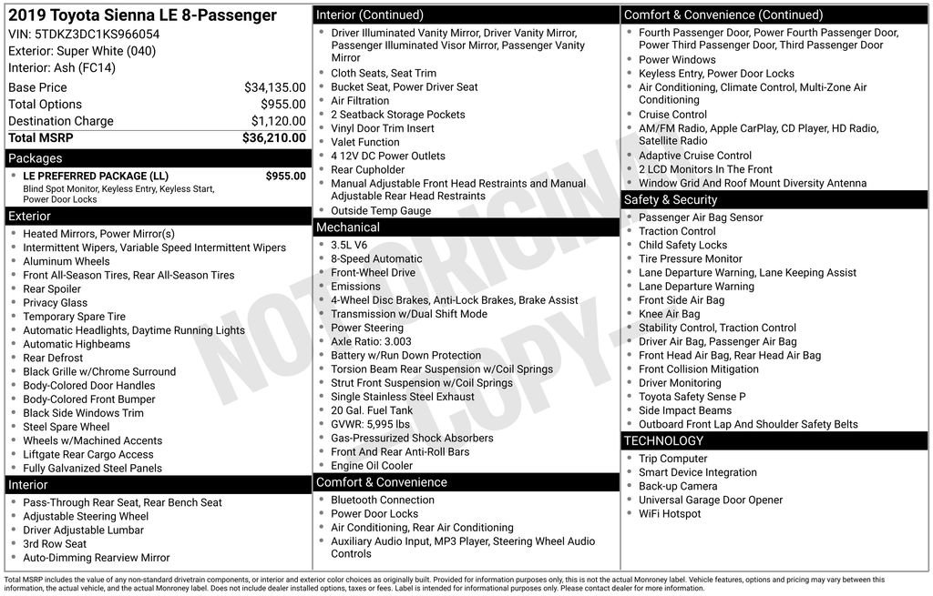 Used 2019 Toyota Sienna LE w/ LE Preferred Package FWD image 6
