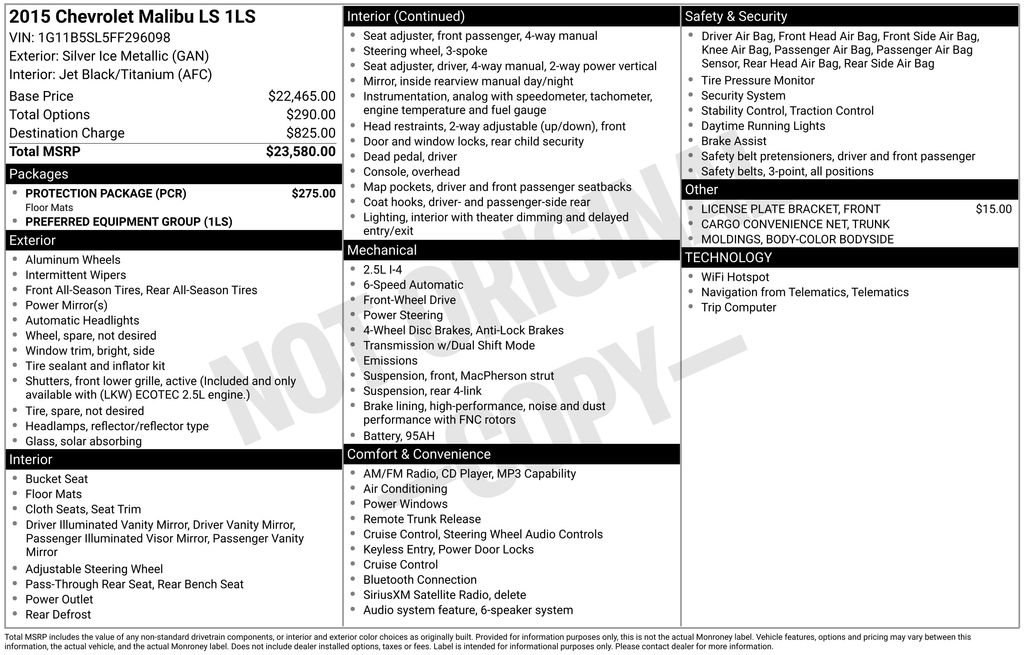 Used 2015 Chevrolet Malibu LS w/ Protection Package image 7