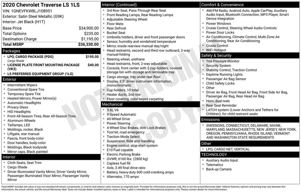 Used 2020 Chevrolet Traverse LS w/ LPO, Cargo Package image 33