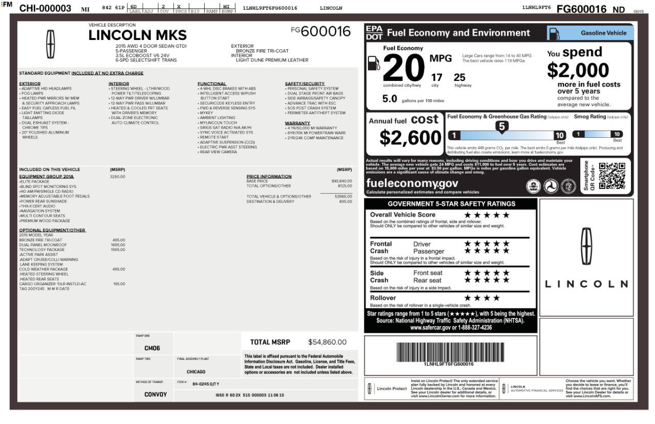 Used 2015 Lincoln MKS AWD w/ Equipment Group 201A image 3