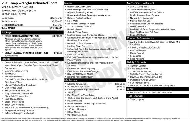 Used 2015 Jeep Wrangler Unlimited Sport w/ Quick Order Package 24S image 12