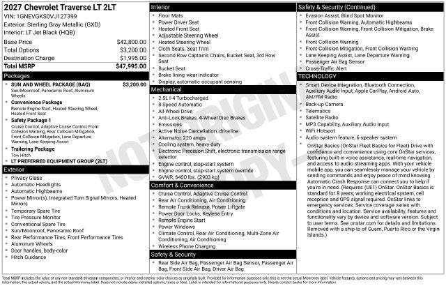 New 2027 Chevrolet Traverse LT w/ Sun and Wheel Package AWD/4WD image 5