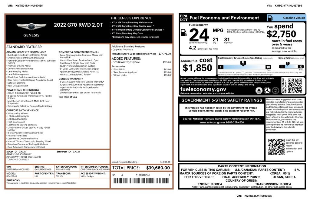 Used 2022 Genesis G70 2.0T image 3