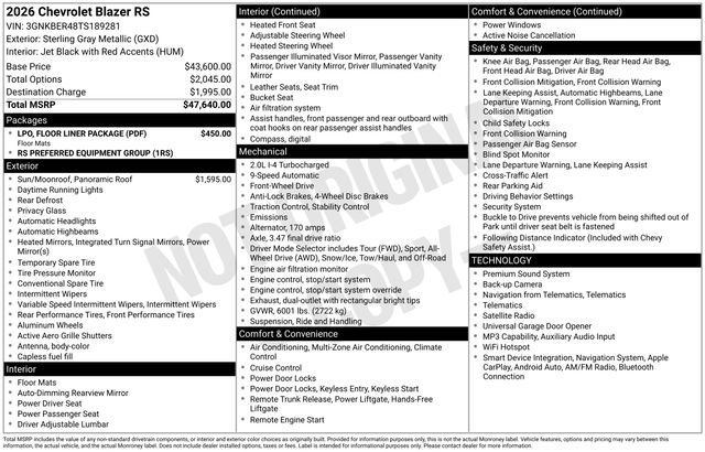 New 2026 Chevrolet Blazer RS w/ LPO, Floor Liner Package FWD image 3