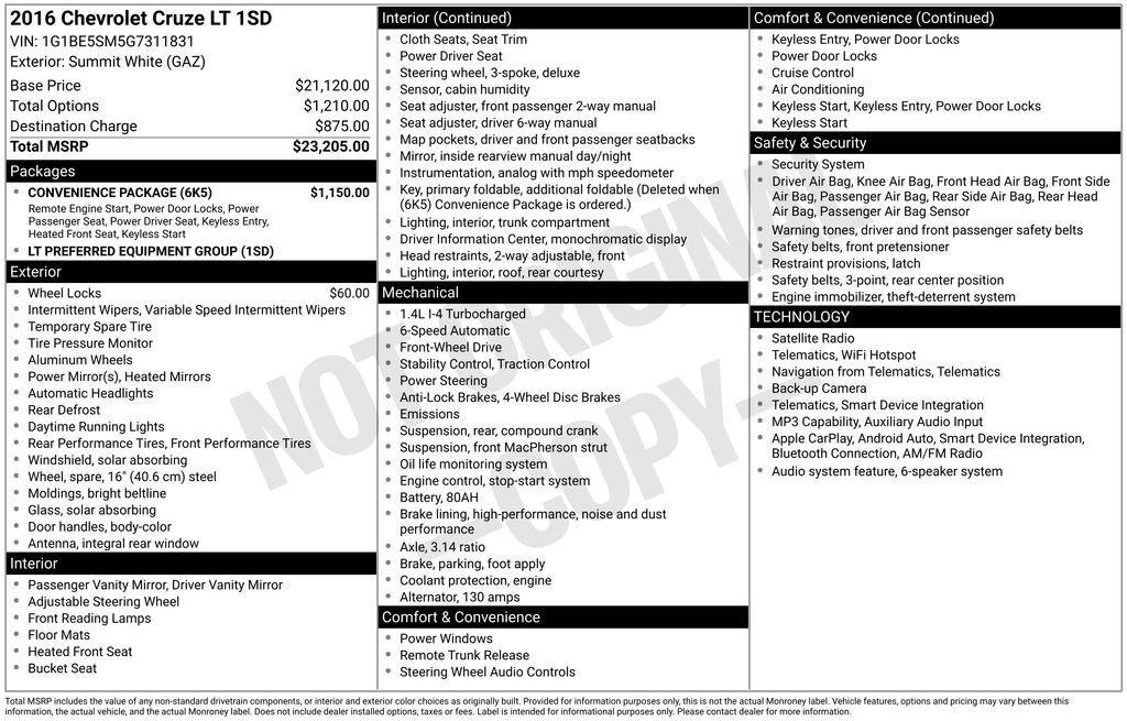 Used 2016 Chevrolet Cruze LT w/ Convenience Package FWD image 10