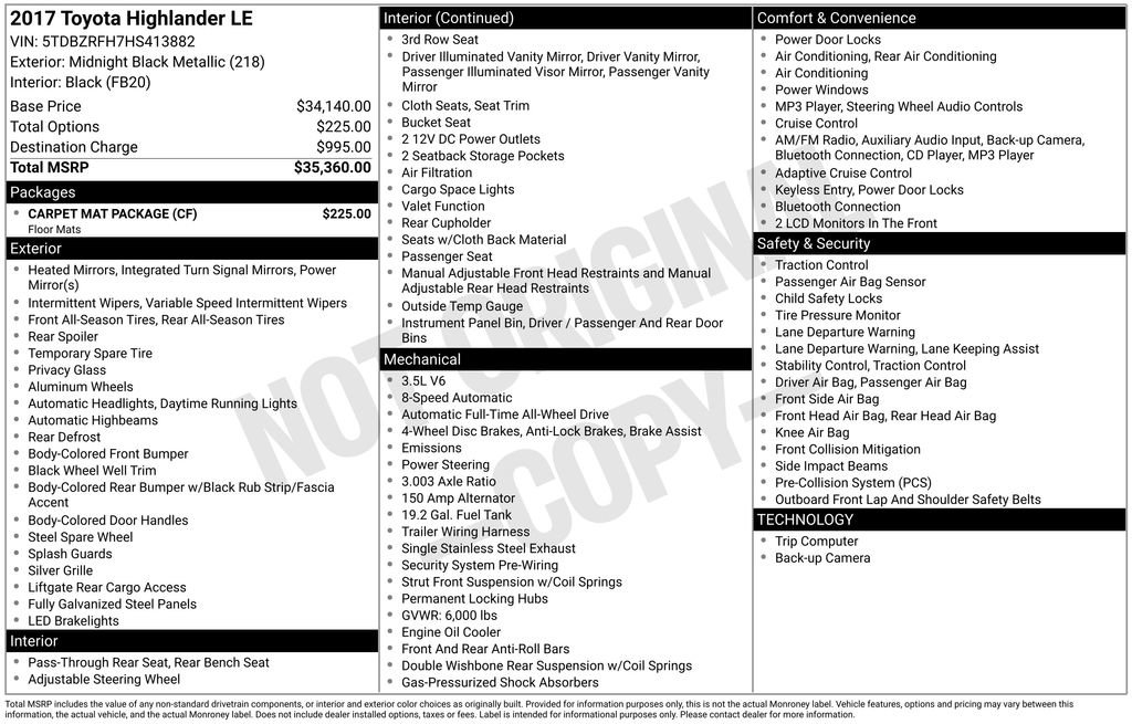 Used 2017 Toyota Highlander LE w/ Carpet Mat Package image 7