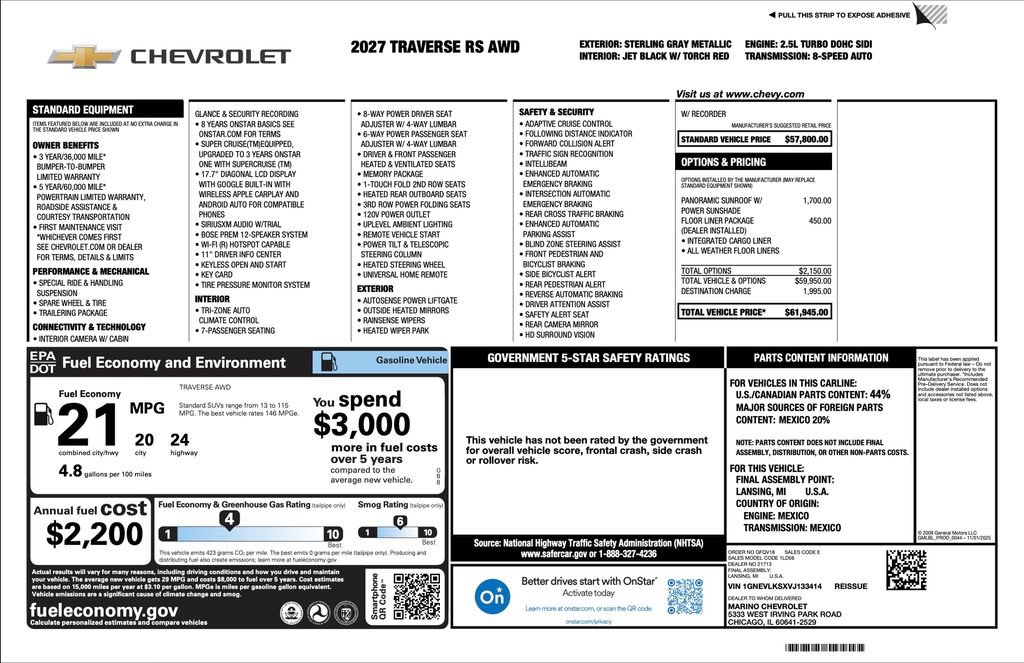 New 2027 Chevrolet Traverse RS w/ LPO, Floor Liner Package AWD/4WD image 2