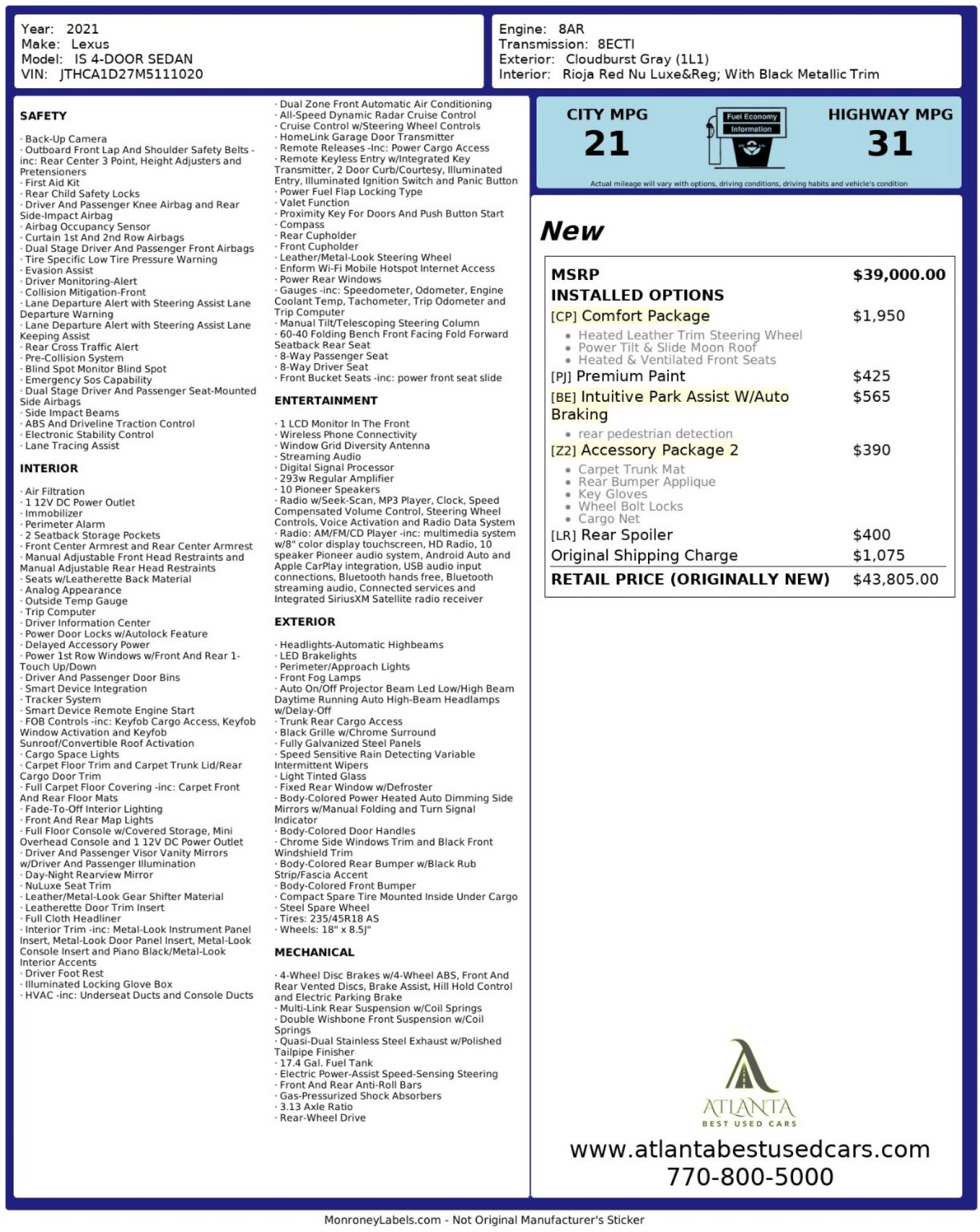 Used 2021 Lexus IS 300 w/ Comfort Package image 53