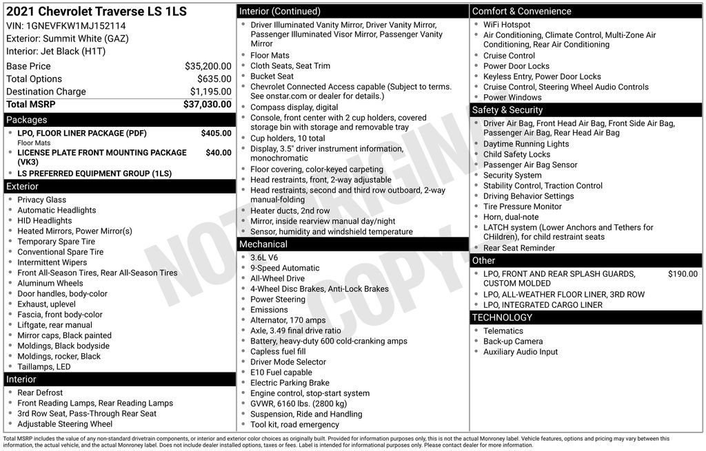 Used 2021 Chevrolet Traverse LS w/ LPO, Floor Liner Package AWD/4WD image 17