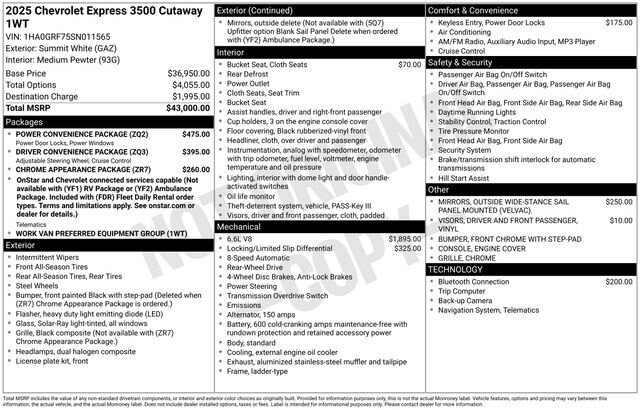 New 2025 Chevrolet Express 3500 w/ Power Convenience Package RWD image 5