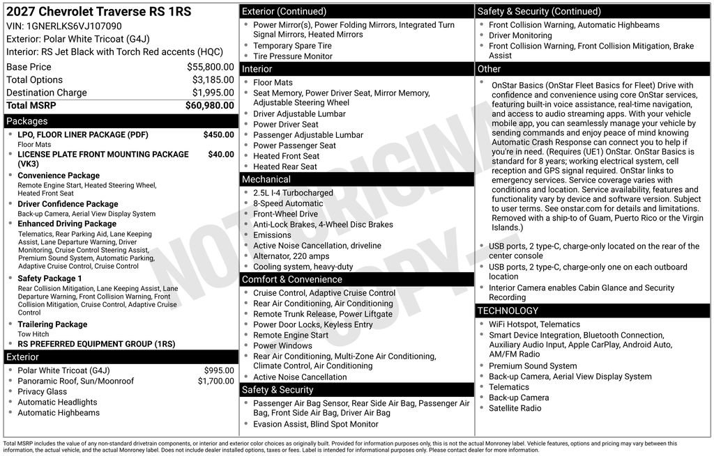 New 2027 Chevrolet Traverse RS w/ LPO, Floor Liner Package FWD image 2