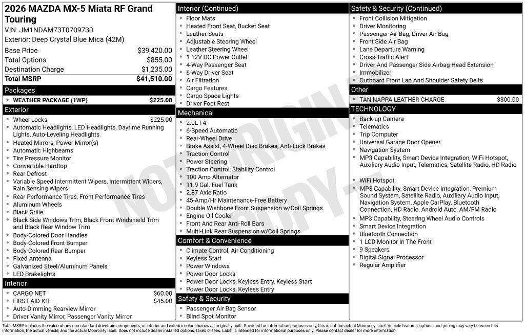 New 2026 MAZDA MX-5 Miata RF Grand Touring w/ Weather Package RWD image 3