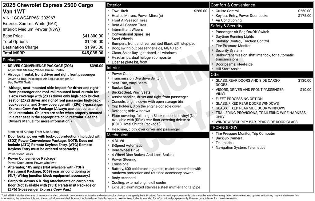 New 2025 Chevrolet Express 2500 Work Van 3D Cargo Van w/ Driver Convenience Package RWD image 3
