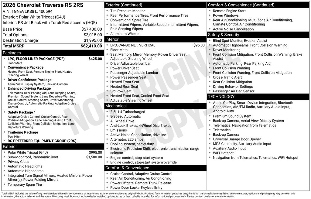 Used 2026 Chevrolet Traverse RS w/ LPO, Floor Liner Package AWD/4WD image 4