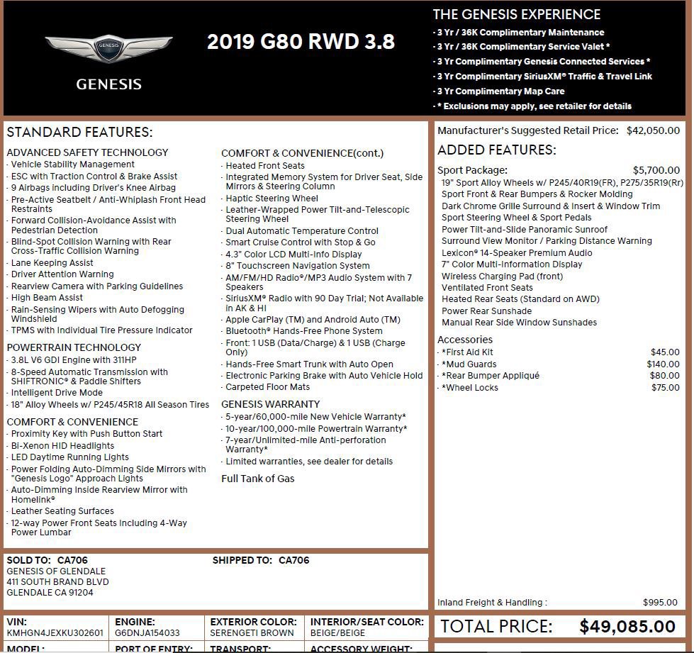 Used 2019 Genesis G80 3.8 w/ Sport Package 02 image 2